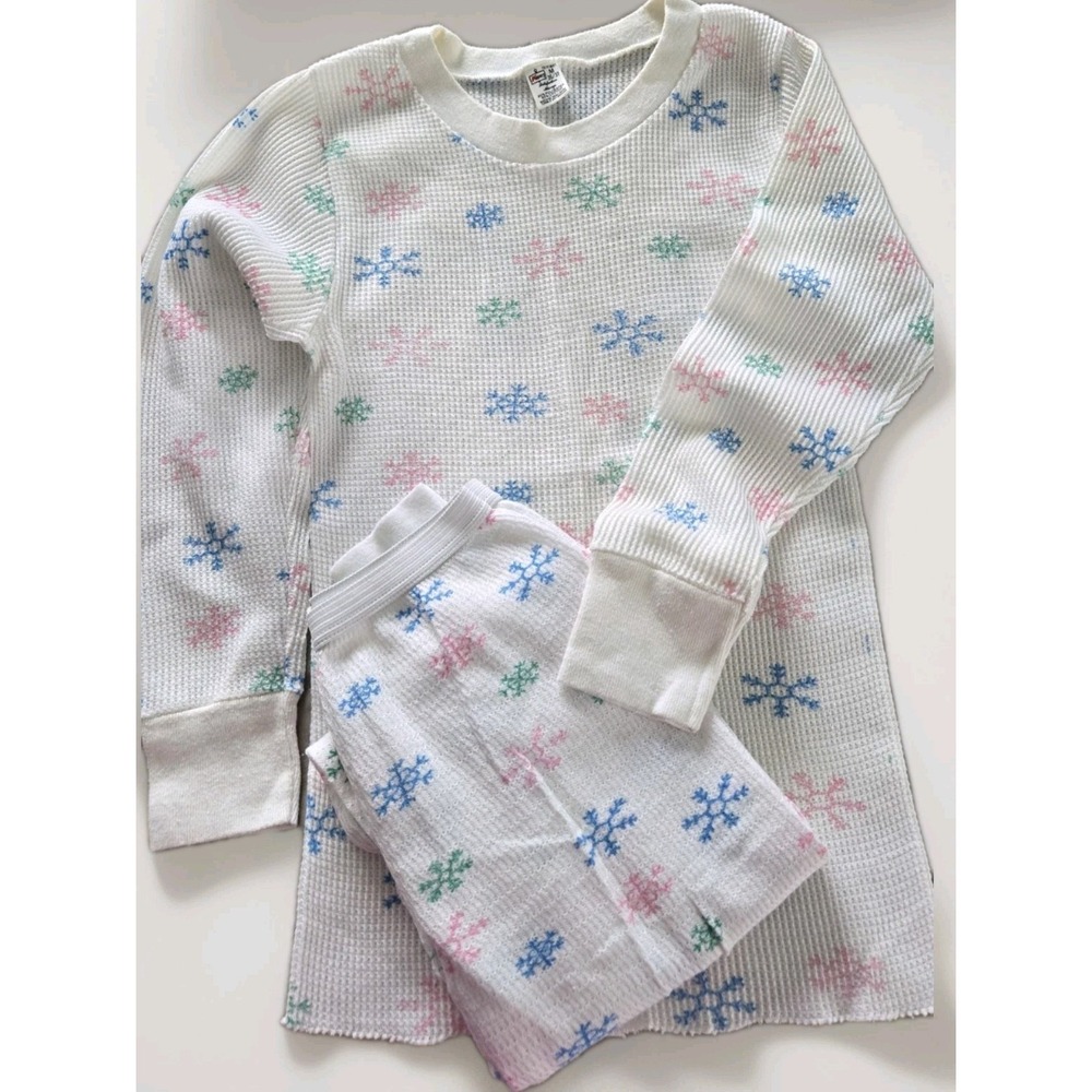 Vintage Kmart Thermal Pajama Set White W/ Snowflake Waffle Knit Long Johns M USA